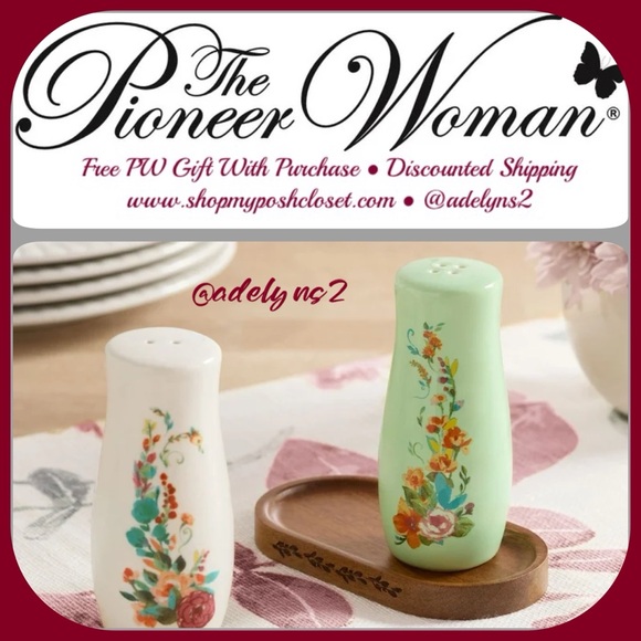 🌺 New Pioneer Woman Painted Meadows Salt & Pepper Shaker Set W/ Acacia WOOD Tray - Picture 1 of 8